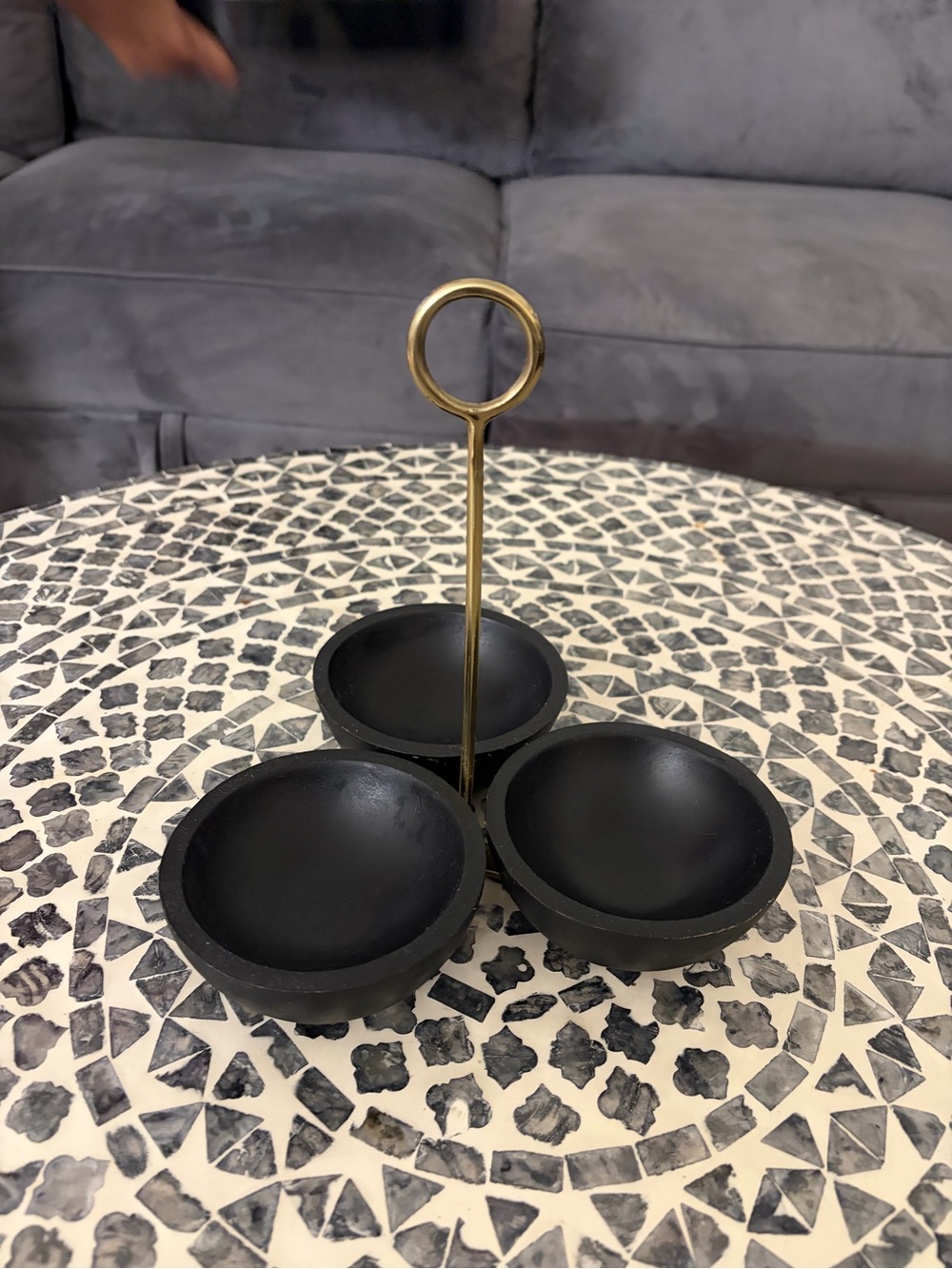 Black 3-Bowl Metal Serving Tray with Gold Handle - Home Accents